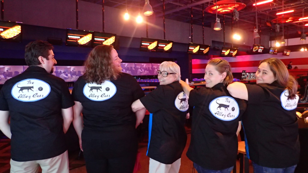 2018 Bowling FUNdraiser at bowling alley 5 team members in "The Alley Cats" shirts