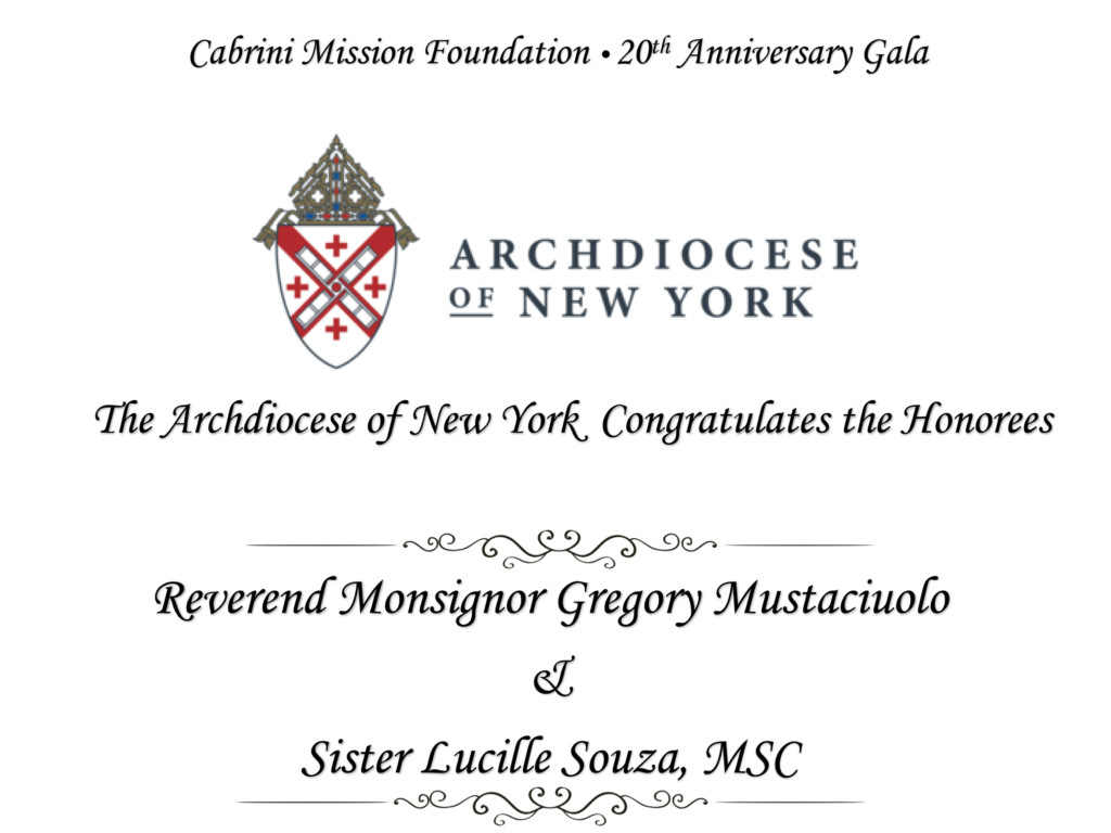 Cabrini Mission 20th Anniversary Gala honoree certificate