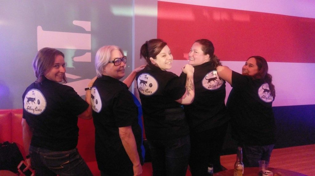 Cabrini Mission 2019 Bowling Event 5 women wearing "The Alley Cats" shirts
