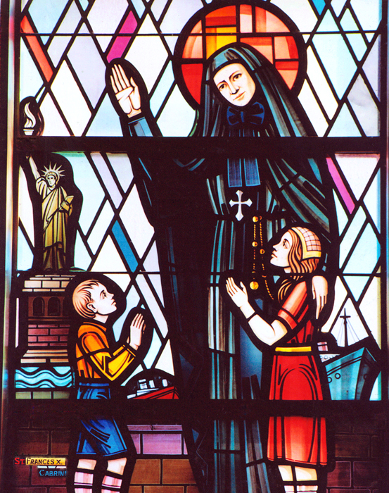 Stained glass window with Sister and children