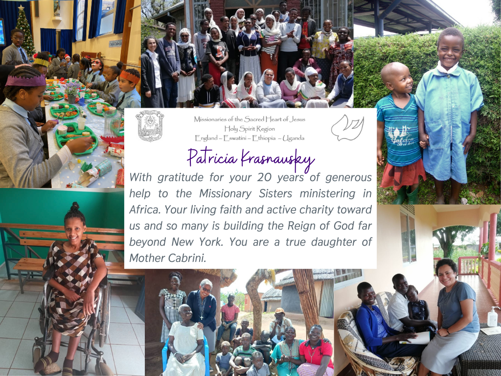 The image is a collage that appears to be part of a certificate or appreciation letter, celebrating Patricia Krasnausky for 20 years of service. The text on the certificate acknowledges her generous support to the Missionary Sisters and her faith and charity work in Africa. There are several photographs arranged around the text, each depicting different scenes: children sitting at a table with Christmas crackers, a group photo of Missionary Sisters and others in front of a building, two young children standing outside, a girl in a wheelchair, and a woman sitting with a group of people. The images reflect diverse aspects of community life and the humanitarian work being carried out, likely by the Missionary Sisters. The logo of the Missionaries of the Sacred Heart of Jesus is in the top left corner, indicating regions of service including England, Eswatini, Ethiopia, and Uganda. The overall image communicates gratitude and highlights the impact of community service across different African regions.